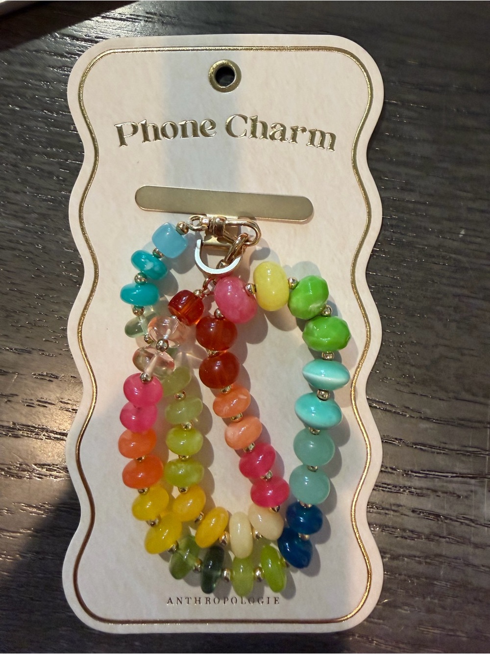 Anthropologie Rainbow Multicolor Beaded Phone Charm with Gold Clasp